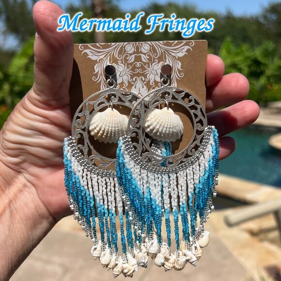 Handmade Beaded Large Long Tassel Fringe Dangle Drop Mermaid Post Shell Earrings - Picture 9 of 9
